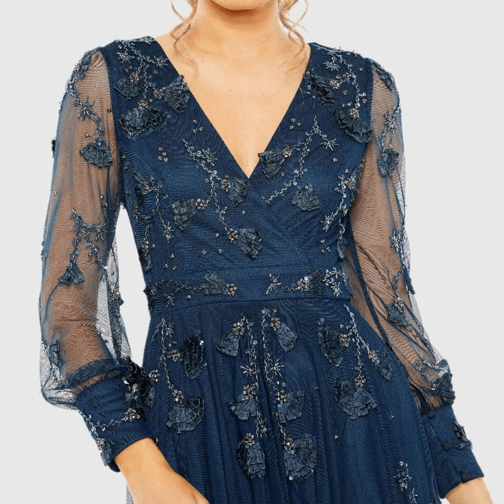 NWT MAC DUGGAL 9256 Mesh Long Sleeve V-Neck Tiered A Line Gown Blue 12 image 3