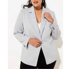 Ann Taylor LOFT Herringbone Plaid Single Breasted Knit Blazer Jacket Grey 4