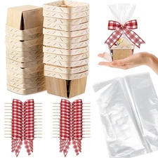 24 Set Wooden Gift Baskets Empty Small Gift Basket with Cellophane Bags Bows ...