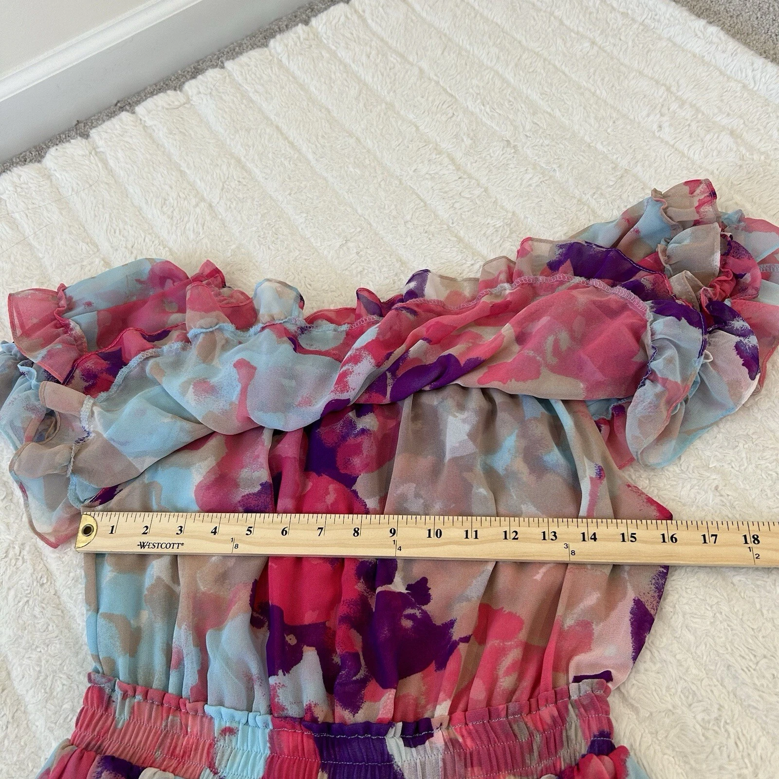 PALM ANGELS MISA Los Angeles Isella mini abito floreale con volant taglia S rosa blu multi floreale divertente