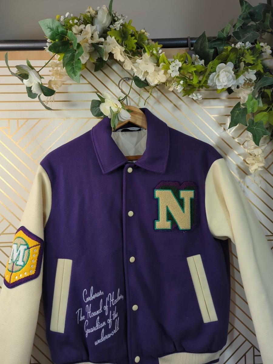 ZARA Men's Varsity Jacket Purple Cream Collared Patches Embroidery