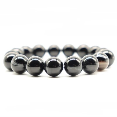 Natural Stone Bracelet Homme Women Smooth Black Agates Beaded Braclet Meditation