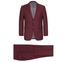 Renoir Mens Burgundy/Scarlet 2-Piece Suit (Jacket/Pants) 2 Button Coat+Tie/Hanky