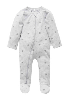 NWT Purebaby Organic Cotton Zip Growsuit Pale Grey Leaf Size 0 / 6-12 ...