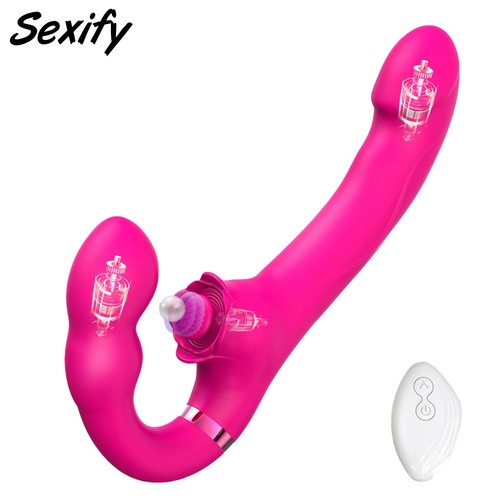 Strapless Double Ended Dildo Flapping Rabbit Vibrator Pegging Strap on Sex Toy - Picture 18 of 21