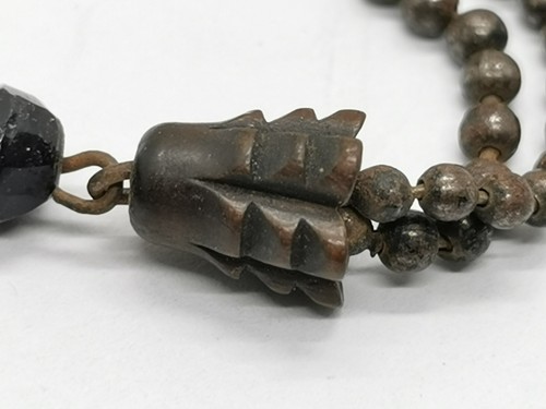 Vtg c1900 Steel Bead, Carved Wood & Black Jet Mourning Pocket Watch Albert Chain - Picture 11 of 12