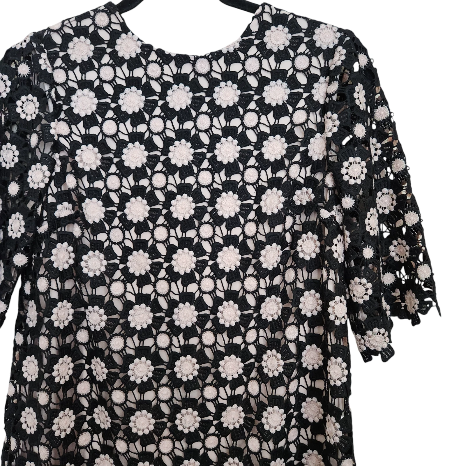 Abito Kate Spade Shift 0 margherita uncinetto pizzo floreale nero maniche a 3 4 matrimonio