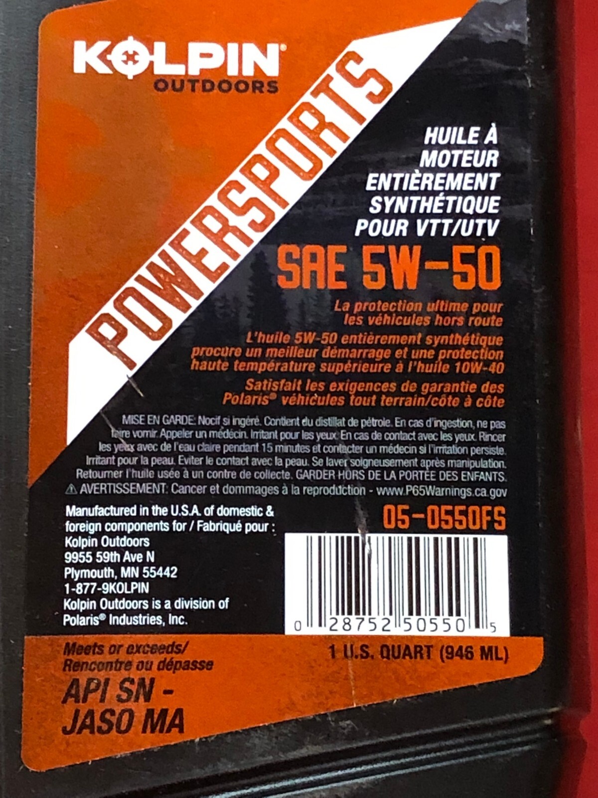 KOLPIN 5W-50 FULL SYNTHETIC OIL ATV UTV ENGINE MOTOR OIL COLD START PROTECTION
