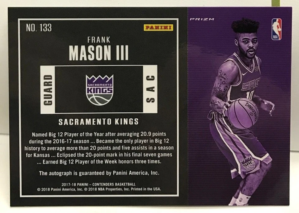 Frank Mason III 2017-18 Panini Contenders Prizm RC Variation Autograph Auto SP - Image 2 of 2