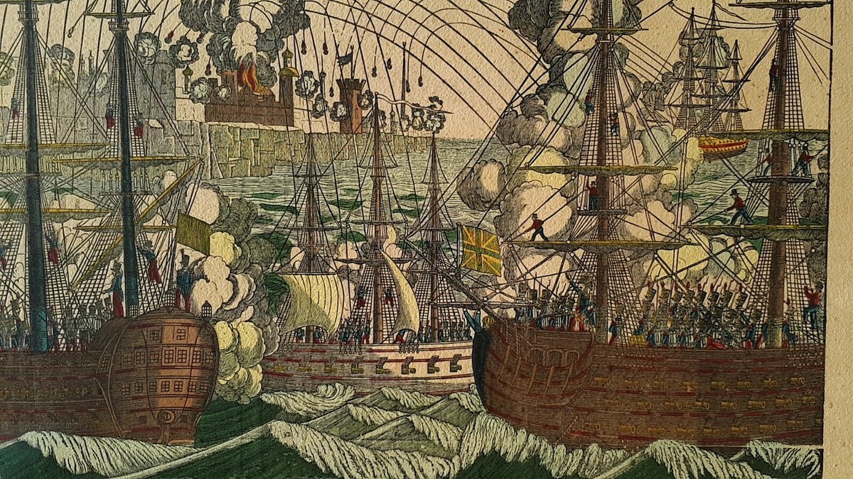 Gravure D'Épinal Rare Grand Format - Bombardement Et Prise D'Alger, Encadrée, Années 1970 Avec Certificat