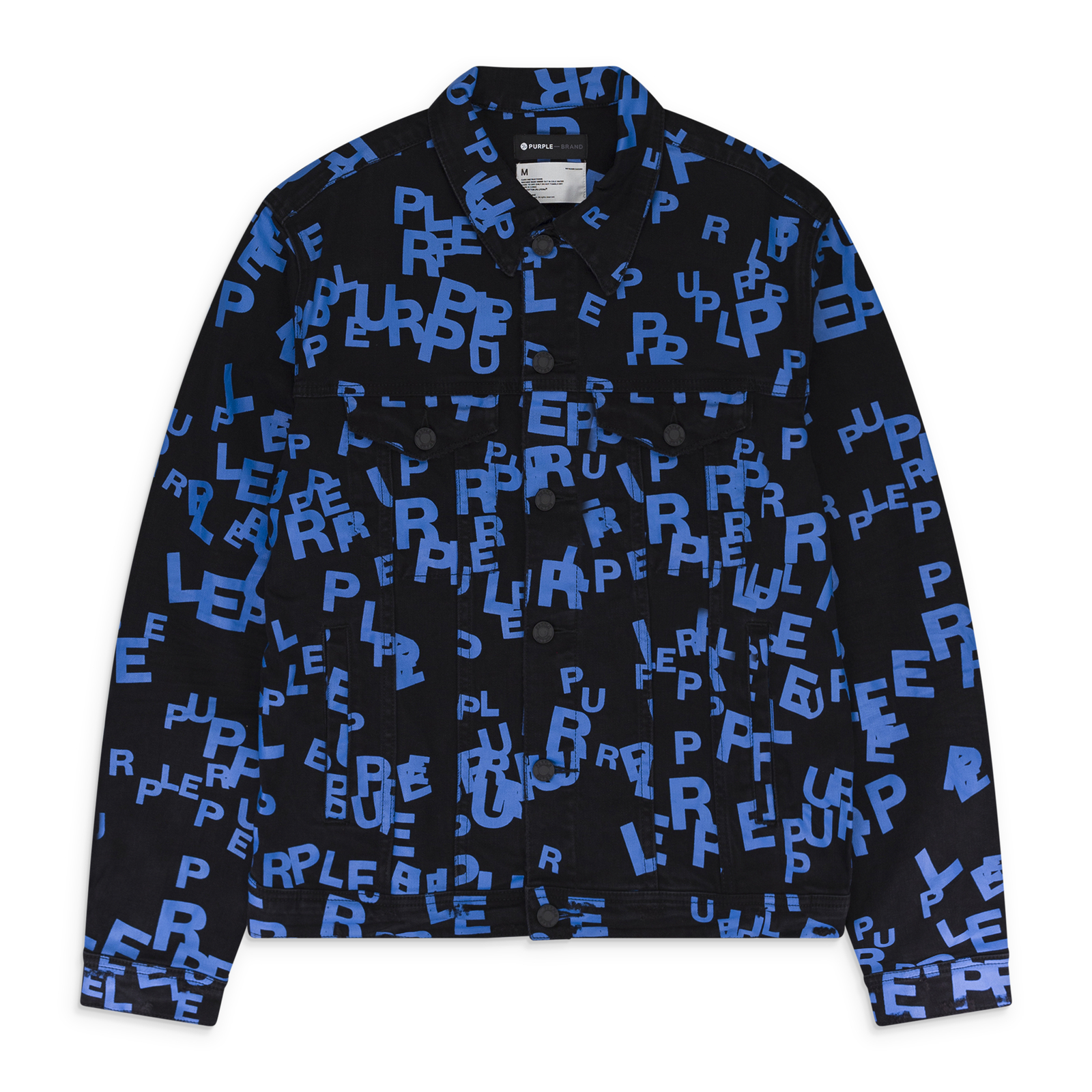 NWT PURPLE BRAND BLACK/BLUE LETTER SCREEN PRINT TRUCKER DENIM JACKET SIZE M $450