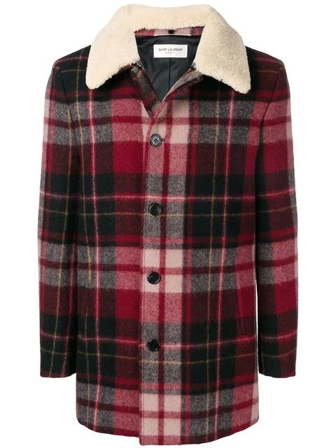 Cappotto a quadri Saint Laurent nuovo con etichette colletto shearling IT46 piccolo