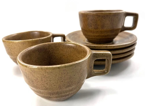 Vintage Monmouth Maple Leaf Mark Pottery Speckled Mojave Brown Cups Saucers Set