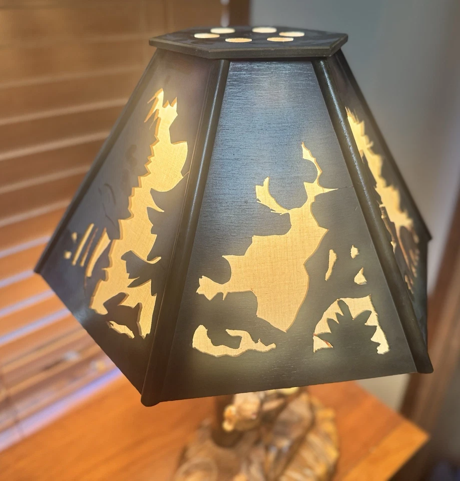 ANTIQUE GERMAN WOOD CARVED ELK TABLE LAMP WITH ORIGINAL SHADE BY RHON SEPP - Image 2 of 4