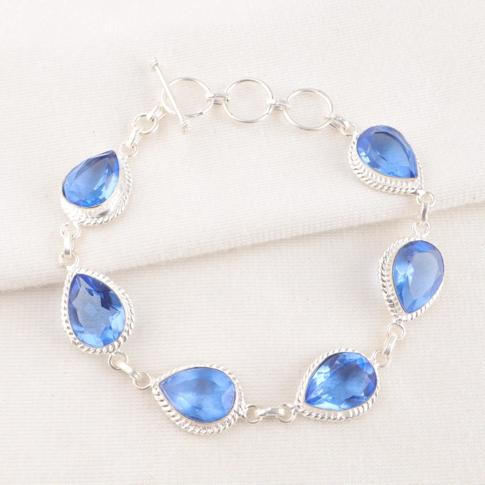 Brazalete de joyería hecha a mano de plata de ley 925 con piedras preciosas de cuarzo tanzanita de 8" Foto 3 de 4