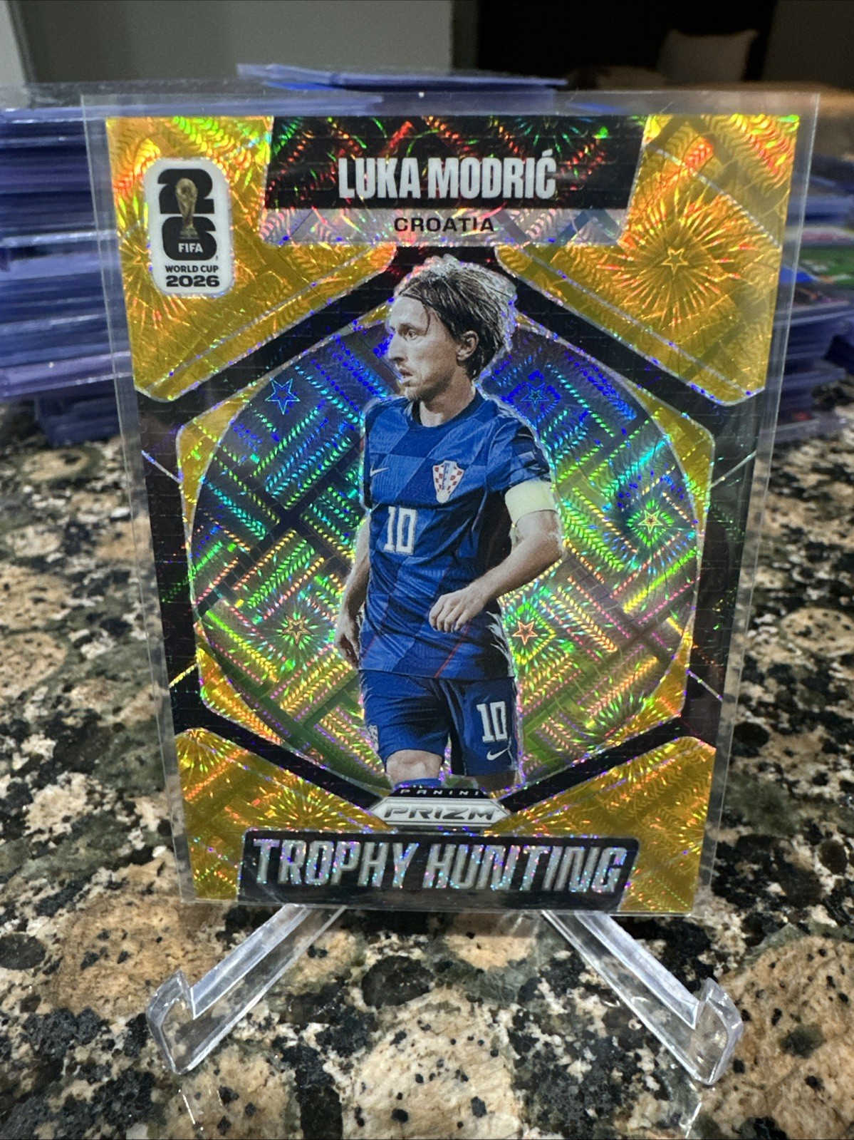 Luka Modric 2026 Panini Prizm World Cup Gold Prizm # /10 Trophy Hunting view 4