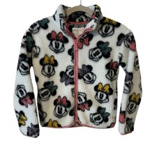 Disney Minnie Mouse Sherpa Zip Up Sweater Jacket Coat White Pink Trim Kid Size 8