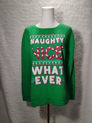 No Boundaries Green Holiday Sweater Naughty Nice Whatever Design L
