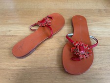GIUSEPPE ZANOTTI Orange Leather Flat Jewel Sandals IT 37.5 Very Good Box Bag