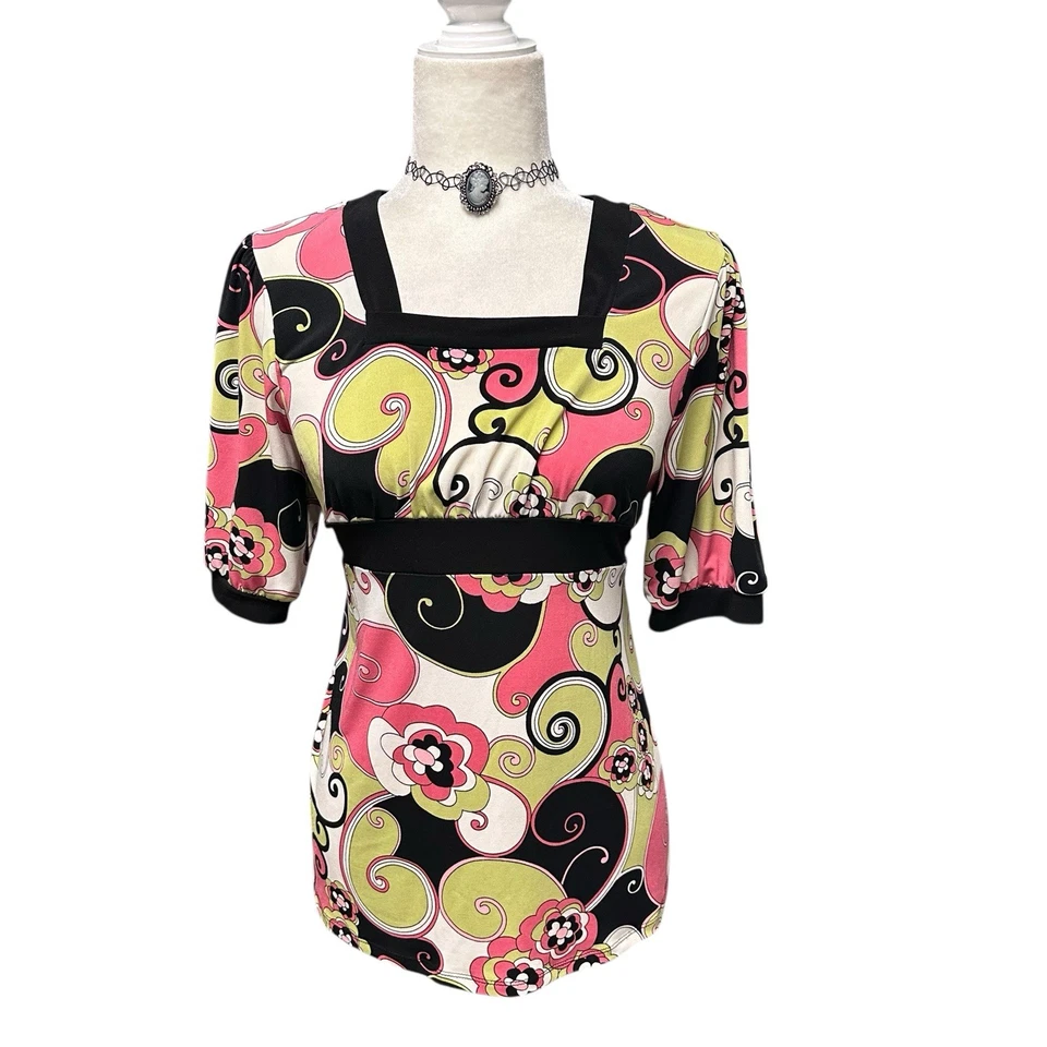 Boneca bebê vintage Y2K feminina tamanho 14-16 psicodélica retrô gola quadrada manga curta - Imagem 3 de 4