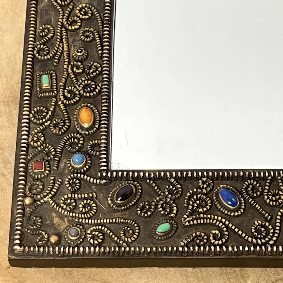 Ornate Jeweled Multicolor Glass Stone Framed Mirror With Filigree Scrollwork 6” - Image 3 of 4