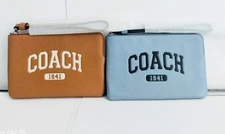 Coach LOGO PEBBLE LEATHER Corner Zip Wristlet Saddle OR  BLUE CR393 $88 PICK IT