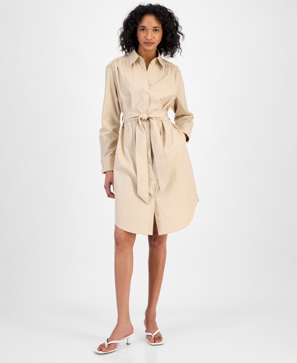 Boss Orange Cotton Belted Long-Sleeve Shirtdress Women's 14US Stone