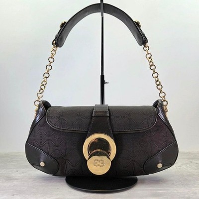 ESCADA Chain Shoulder Small Bag Purse Canvas Leather in Dark Brown Gold Hardware