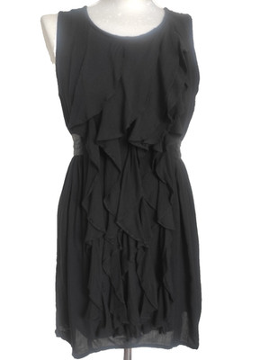 ICHI schwarzes ärmelloses Kleid Größe S Rüschen vorne Bindeband Taille gefütt...