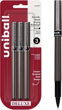 Uniball Deluxe, Black Rollerball Pens - 0.5mm Micro Point, Pack of 3
