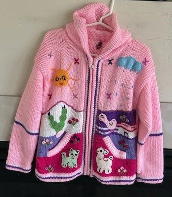Handmade Peruvian Sweater Girls 6-7 Pink Animal Patchwork Knit Cottagecore Soft