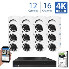 16 Channel 4K NVR (12) 8MP 2160p Home IP POE Dome Security Camera System 4TB HDD