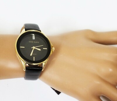 NEW ANNE KLEIN GOLD TONE,BLACK LEATHER BACKING BAND,DIAMOND  display picture 1