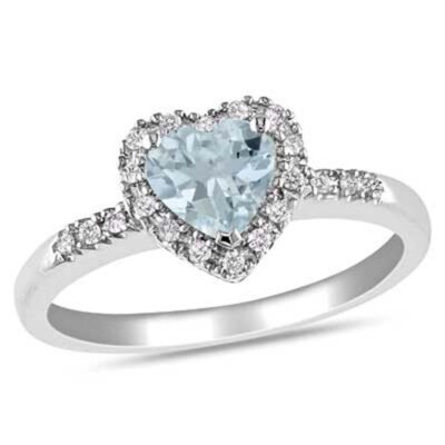 AFFY Simulated Aquamarine Heart Promise Ring - 14k Yellow Gold Over Sterling Silver, Cubic Zirconia, Size 5 (Custom Sizing Available)