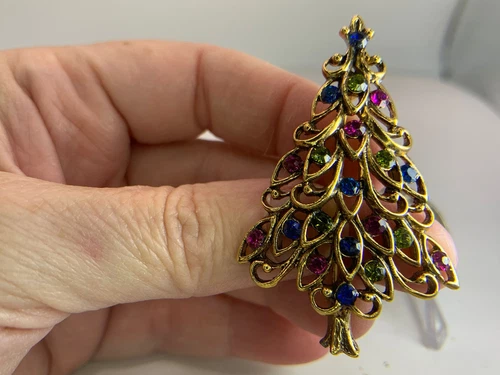 Christmas Tree Colored Rhinestones EISENBERG UNSIGNED Vintage Gold Brooch V-7977