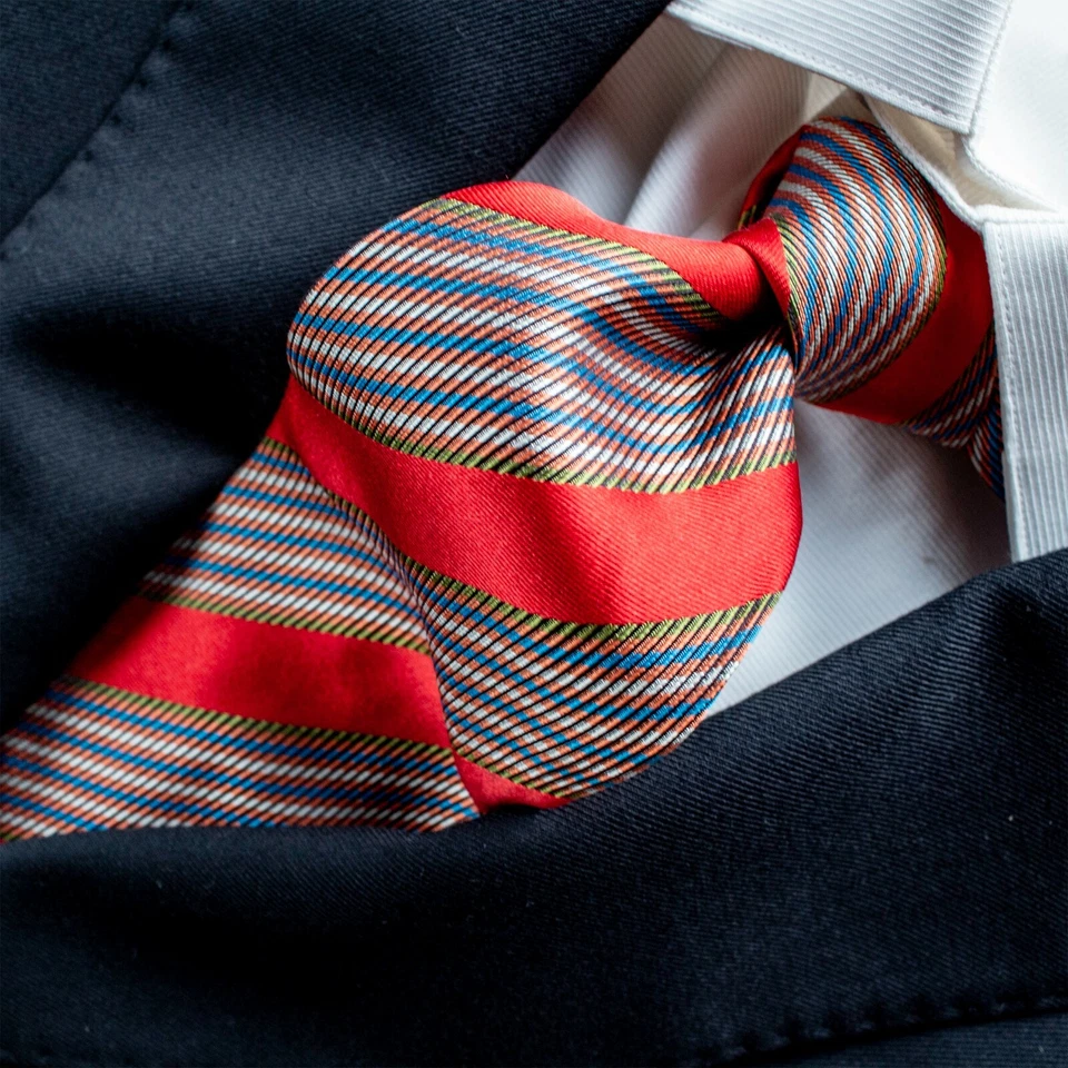 Corbata Versace V2 Italia Roja Azul Cobre Gris Rayas Seda 56.5"L x 3.75"W Foto 4 de 4