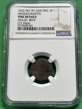1652 No “IN” Oak Tree 3P Massachusetts Fine Details NGC Square Hole US Colonial