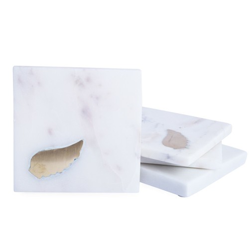 Sottobicchiere da tè in marmo vintage, bianco con intarsio uccellino ottone set di 4 fatto a mano - Foto 4 di 7