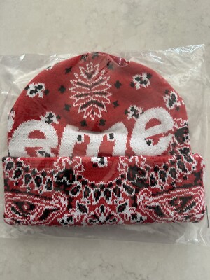 Supreme FW24 Big Logo Acrylic Beanie Paisley Red Bandana One Size