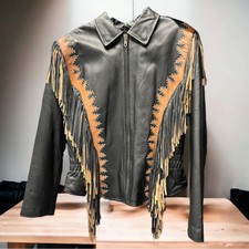 Western Style Biker Vintage Leather Jacket Fringe Removable Thinsulate Lining Lg