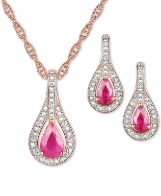 Ruby Diamond 14k Rose Gold Plated Silver Pendant Earrings Set $350 New