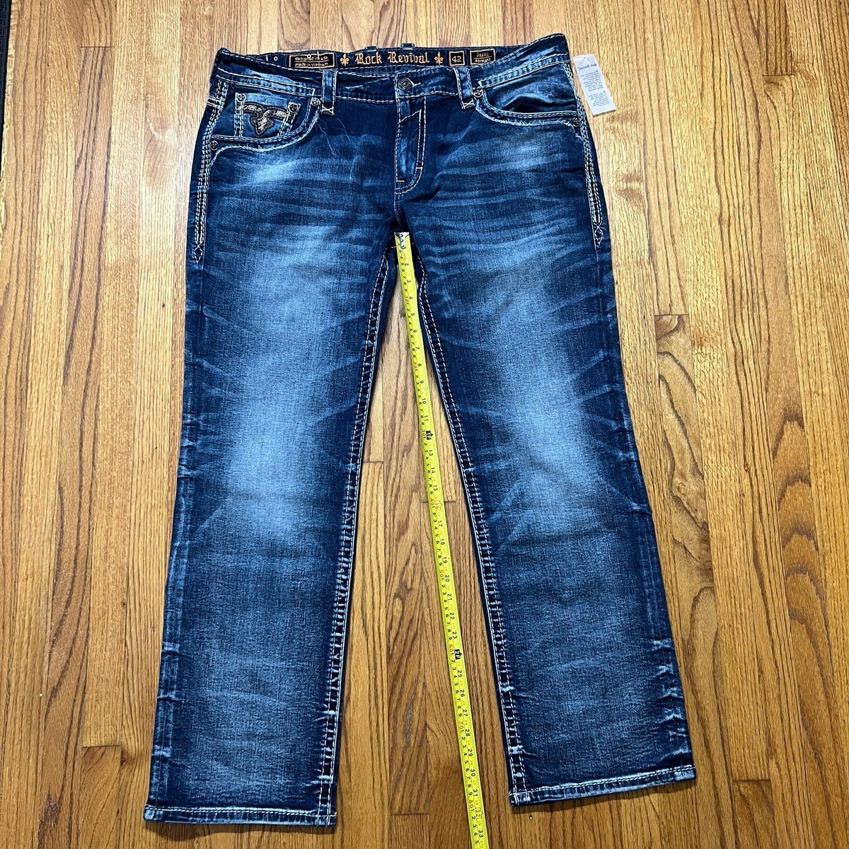 Rock Revival Men Jean Jazzy Straight Thick Stitch Blue Denim Size