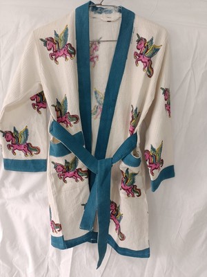Hand block Printed Cotton Waffle Kimono Robes Comfortable Full Sleeves Dress Art
