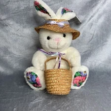 VTG America Wego 1991 Bunny Plush White Floral Print Straw Hat & Basket Easter