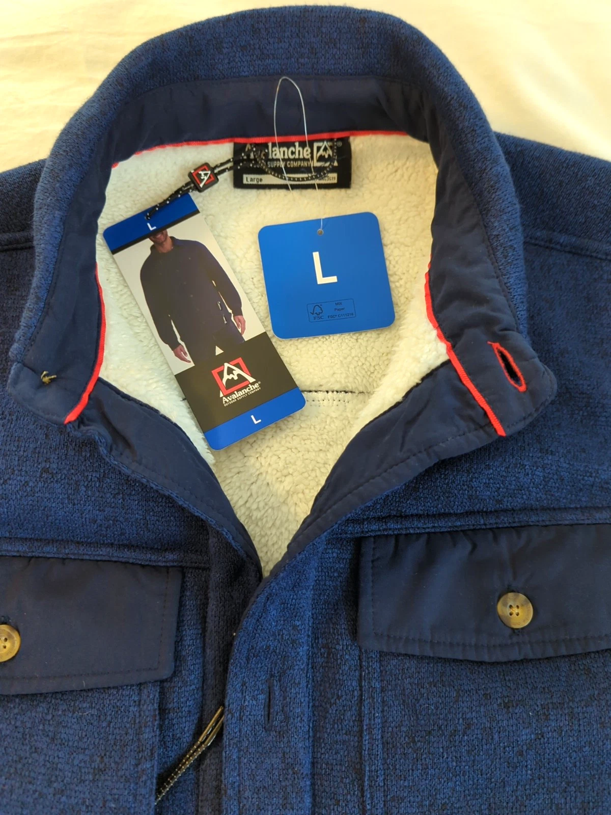 New Avalanche Outdoor Supply Co. Jacket Men L Faux Sherpa Lined Blue Button Up