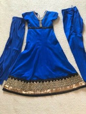 Women Bollywood Stitched Long Cotton dress Gown Kurti 3pcs BLue sz S