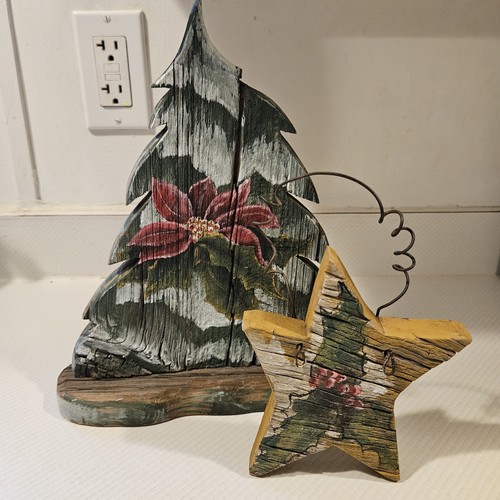 Christmas Tree Poinsettia Shelf Sitter Star Holly Door Hanger Rustic Hand Paint