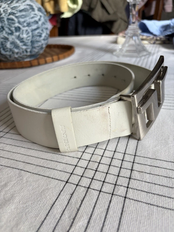 Cinturón de cuero blanco grueso J Lindeberg 38 x 1,75 hebilla plateada para golf hecho en Italia Foto 4 de 4