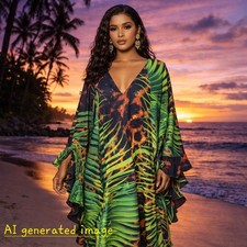 NWT Glam Satin Caftan Tropical Animal Print Resort Cruise Party Maxi Dress sz L