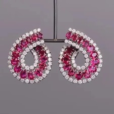 3.00Ct Oval Cut Lab-Created Red Ruby Cluster Stud Earrings 14K White Gold Plated
